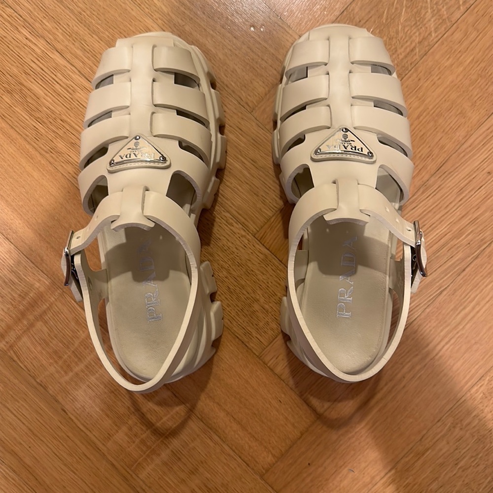 Prada fisherman platform shoes in beige.